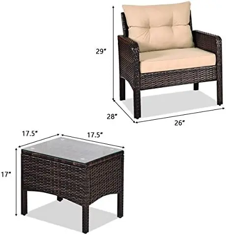 3-Piece Outdoor Rattan Wicker Patio Set with Cushions, Glass Top Coffee Table, Brown