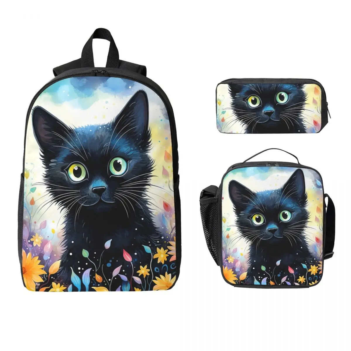 Sweet Black Cat Cute Kitten Backpack Student BookBag School Bag Laptop Shoulder Bags 3ps Insulated Lunch Bag Pencil Case