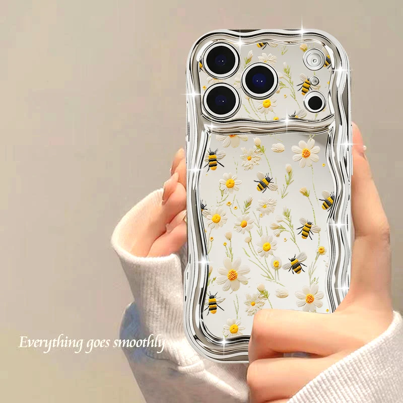 Chapeamento espelho caso para iphone 17 pro max abelha flor folhas padrão tpu capa para iphone 16 pro max 15 14 13 12 11 ar 16e funda
