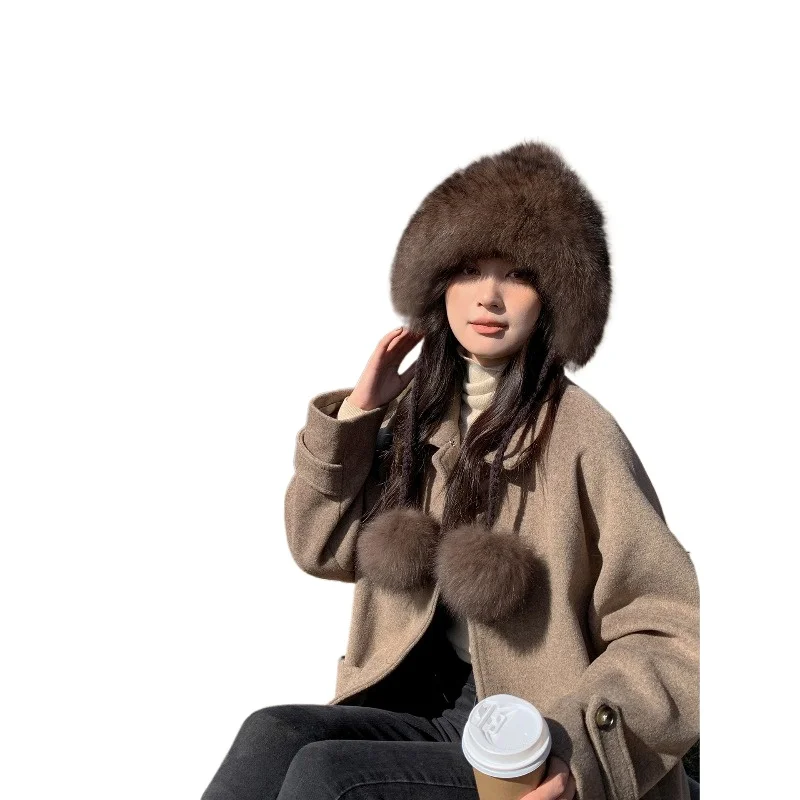 Sable hair ear protection fur Lei Feng hat women's winter fur warm mink hair woven bag head hat fox hairball