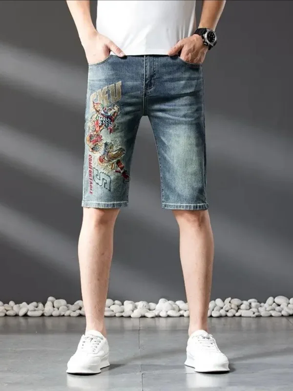 

Casual Embroidered Men's Denim orts Straight Loose Fit mid Waist Summer Thin Cotton Five-Point Pants Youth Faion Trend