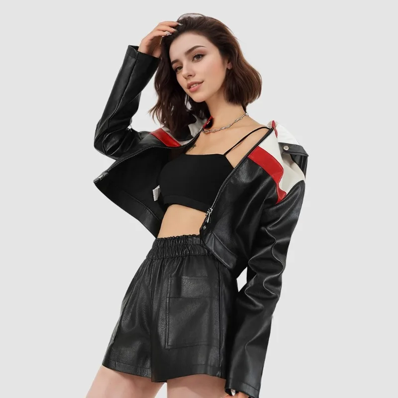 Women Faux Leather Jackets Patchwork Motorcycle Suit  Aviator Jacket Short Version Coat Leather Jacket Handsome Oversized Skinny