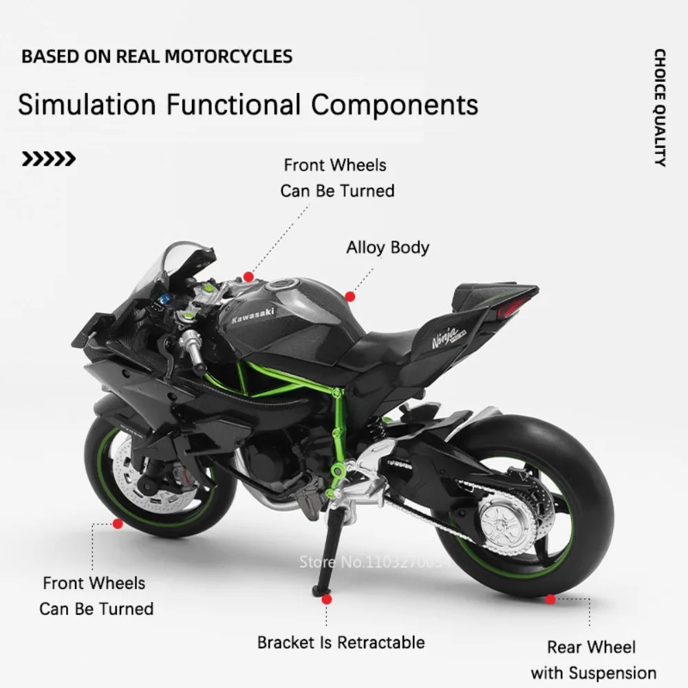 1:12 Kawasaki Ninja H2R Motorfiets Speelgoed Model Auto Legering Diecast Rubber Band Voorwiel Stuurmotor Voertuig Kinderen Gift