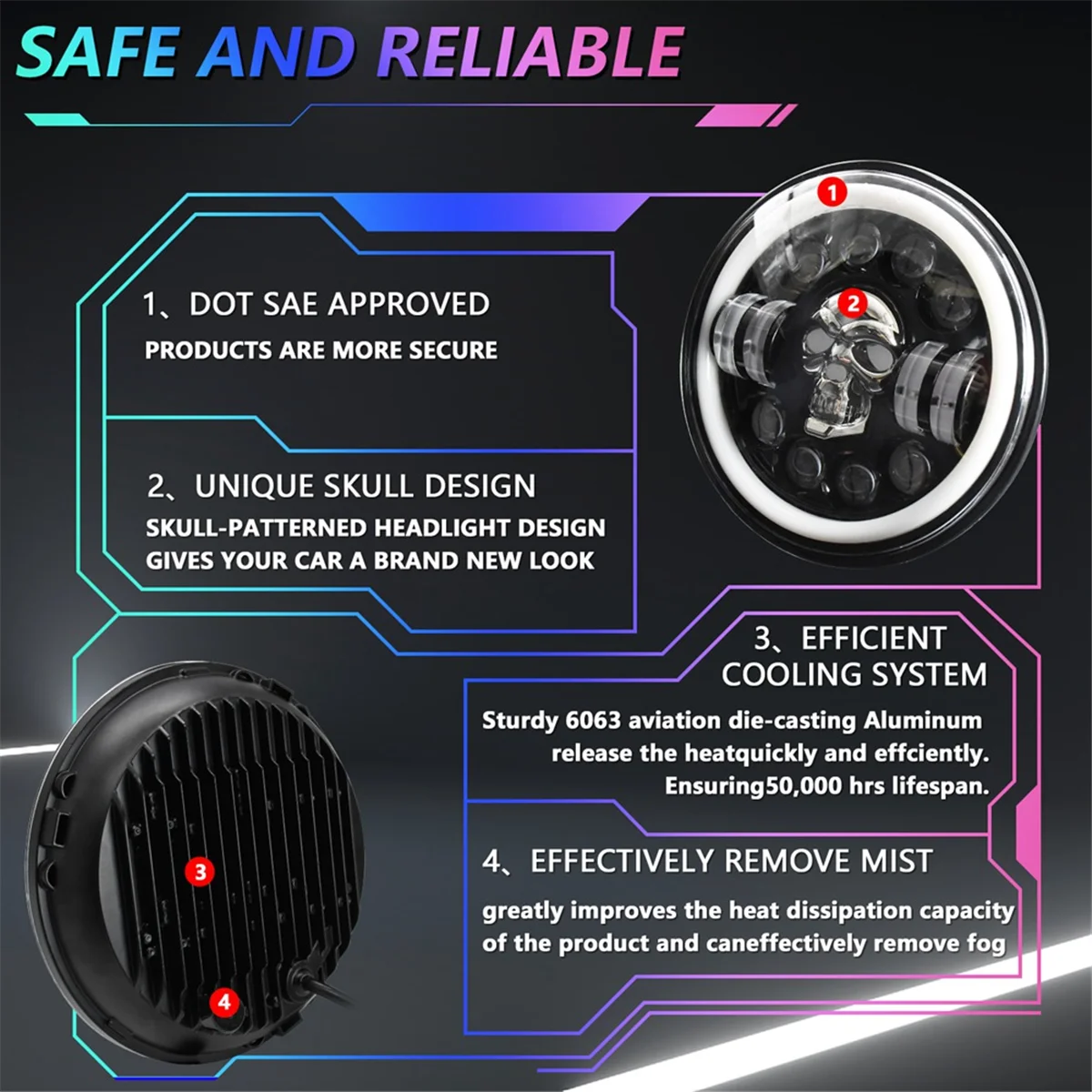 الجمجمة مصباح LED مستدير ، 7 بوصة LED رئيس ضوء مصباح الطرق الوعرة ضوء زاوية عيون ل جيب رانجلر JK TJ LJ CJ Hummber H1 H2