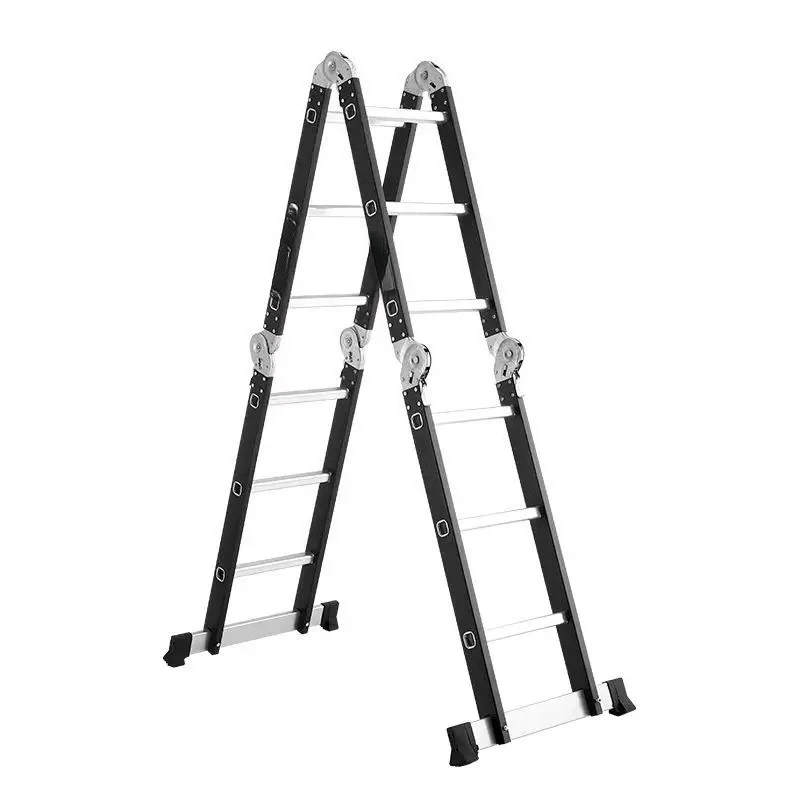 Thickened multifunctional iron-aluminum combined folding herringbone ladder four-fold telescopic ladder