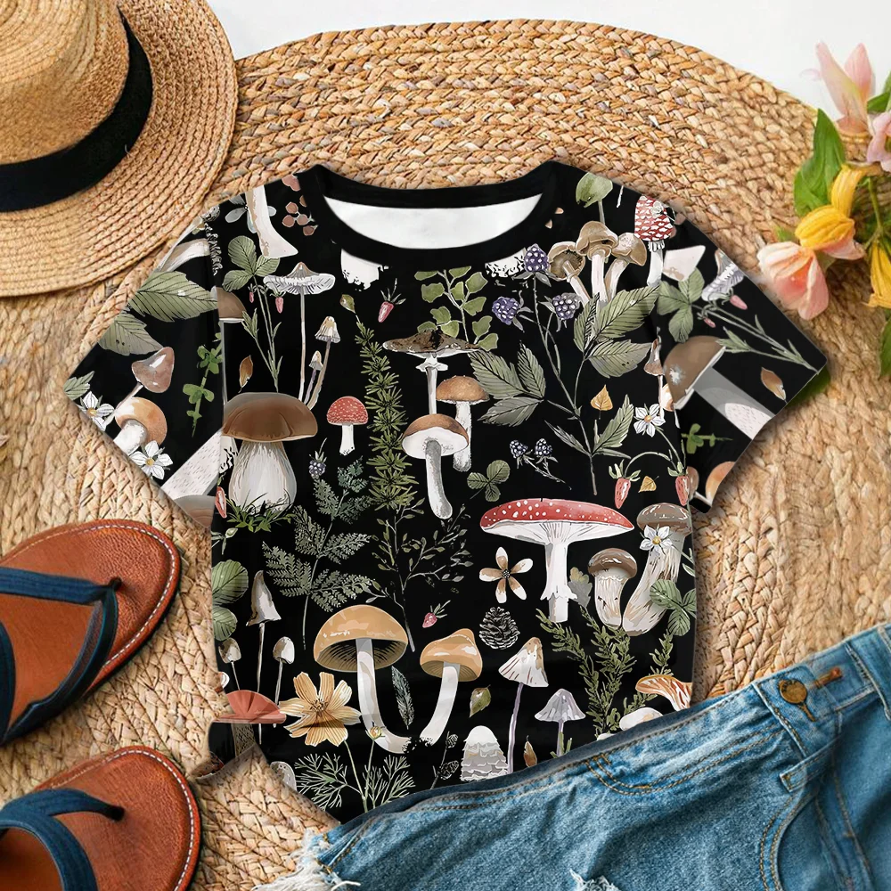 

Женская черная футболка с принтом грибов в стиле природы, повседневный летний стиль, топ с круглым вырезом и короткими рукавами для повседневной носки Y2K