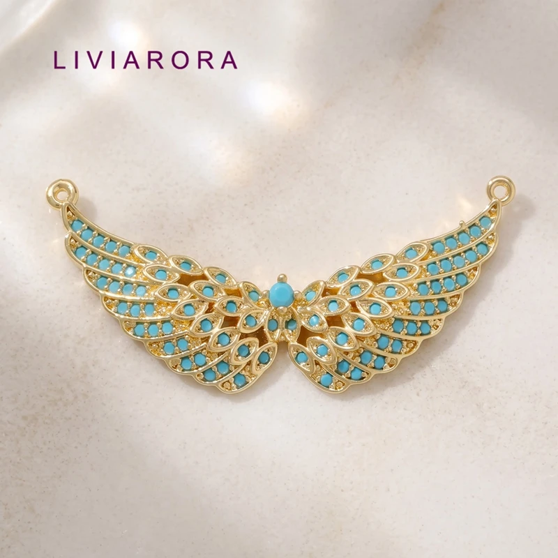 1/2/3Pcs 18K Gold Plated Brass Turquoise Openwork Filigree Angel Wings Connector Charms Pendant For DIY Jewelry Necklace Making