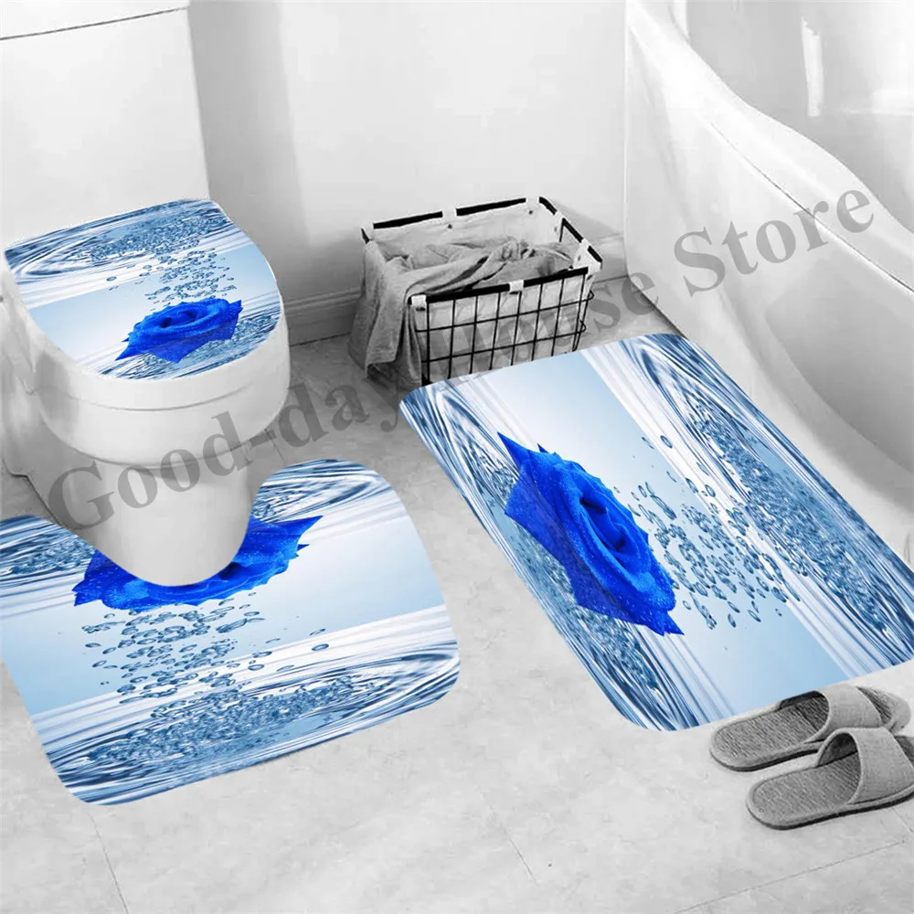 Shower Bathroom Mat Luxury  Black Non Slip Mug Carpet Modern Flower Toilet Seat Lip Cover Bath Home Decor Accessories 3pcs