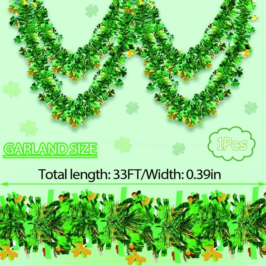 Guirnalda de oropel del Día de San Patricio de 33 pies, guirnalda verde con trébol, decoraciones del Día de San Patricio para fiesta del Día de San Patricio