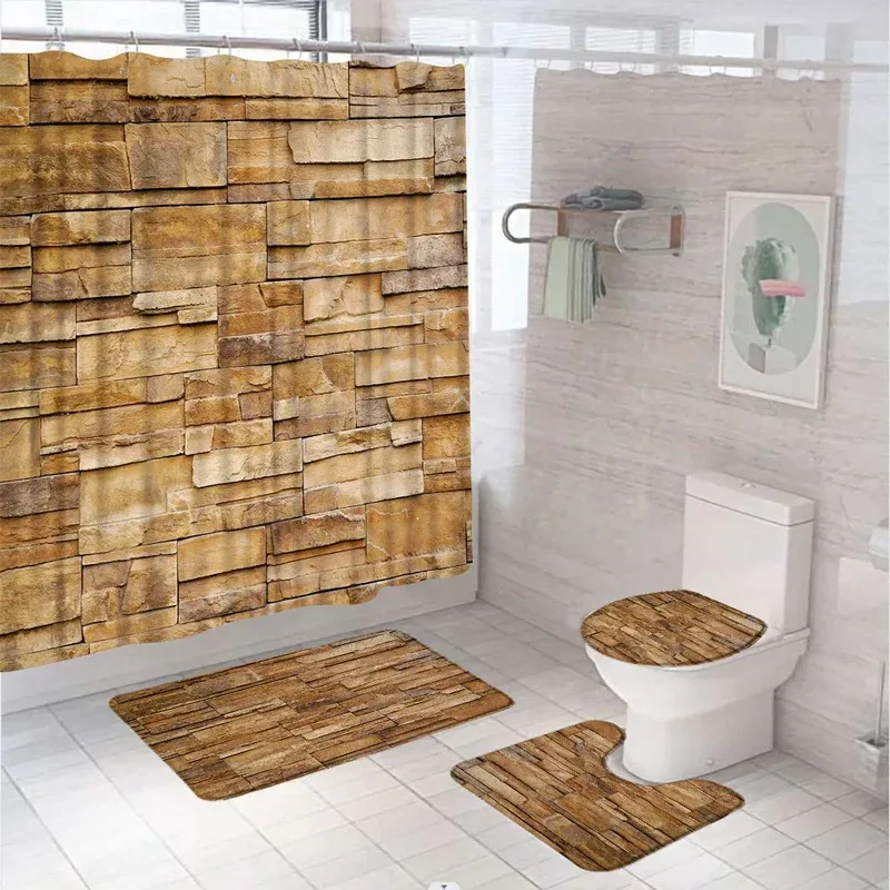 

ODF36Colored Stone Surface Texture Shower Curtain Set Non-Slip Rugs Toilet Cover Bath Mat Rustic Brick Wall Fabric Bathroom 8Yu$