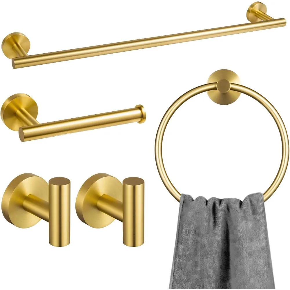 5-Piece Brushed Gold Bathroom Hardware Set, Gold Towel Bar Set Bathroom Towel Holder Set Towel Rack Set Stainless Steel Wall