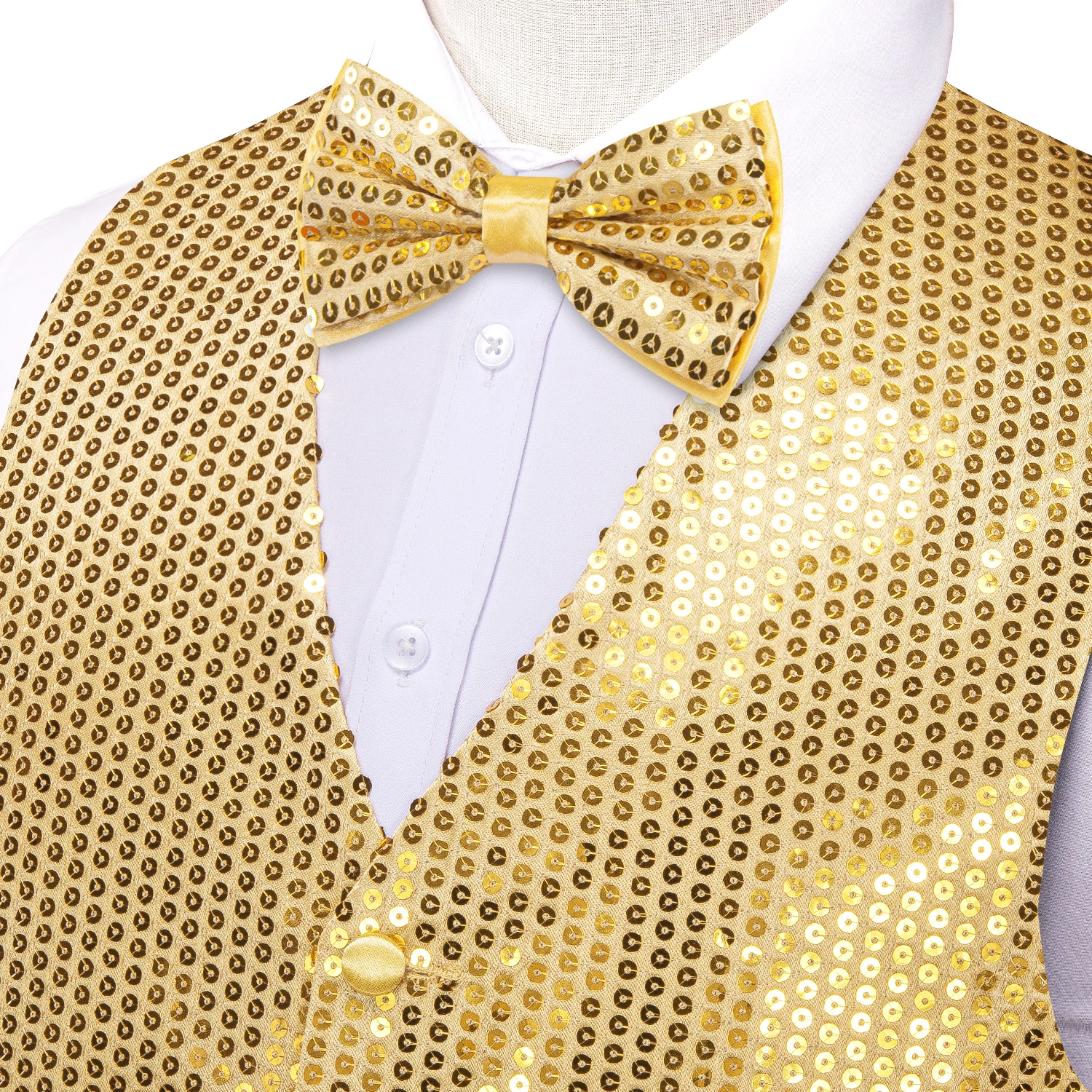 Hi-Tie Jacquard Yellow Gold Sequin Collar Suit Vest Slim Fit Waistcoat for Wedding Groomsmen V-Neck Tuxedo Sleeveless Jacket