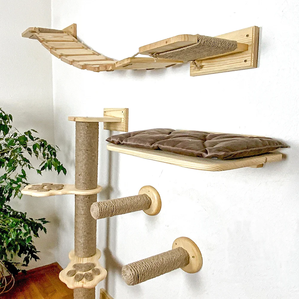 Wall Mounted Cat Climbing Shelves Cat Hammock with Stairway and Scratching Post Jumping Platform for Kittens Playing and Perch