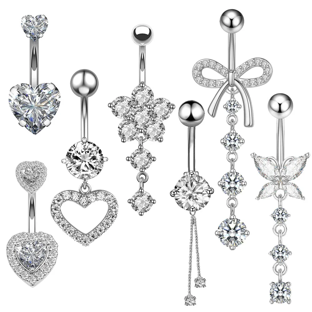Gemischte Bauchnabelpiercing-Sets aus Edelstahl mit Blumen- und Schmetterlingsmotiven, gebogene Bauchnabelringe, 7 Stück/Set, Herz-Bauchnabelring-Packung – Detail 7
