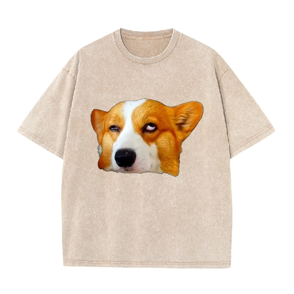2026 Vintage Washed Short Sleeve T Shirt Men Funny Sarcastic Corgi Dog Graphic Tees Casual Loose Streetwear Crew Neck Tops For M