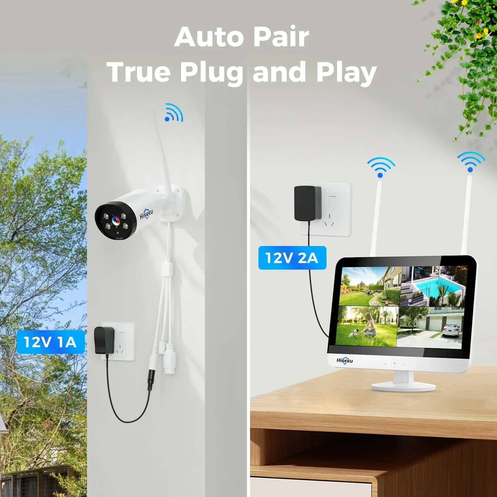 

Hiseeu 3MP 12 inch Monitor Full Color Night Vision Wireless Solar Camera Monitoring System Outdoor