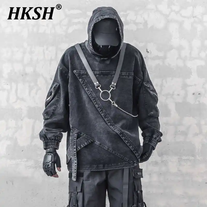 

HKSH Heavy Weight Washed Waste Land Dark Style Denim Hoodies Streetwear Chic Jacket Men's Tide Punk Hooded Trendy Spliced HK2539