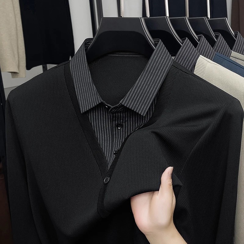 

Fake Two Knitted Sweaters for Men 2025 New Business Casual Long Sleeve T-shirt Striped Shirt Collar Sweater Autumn/Winter