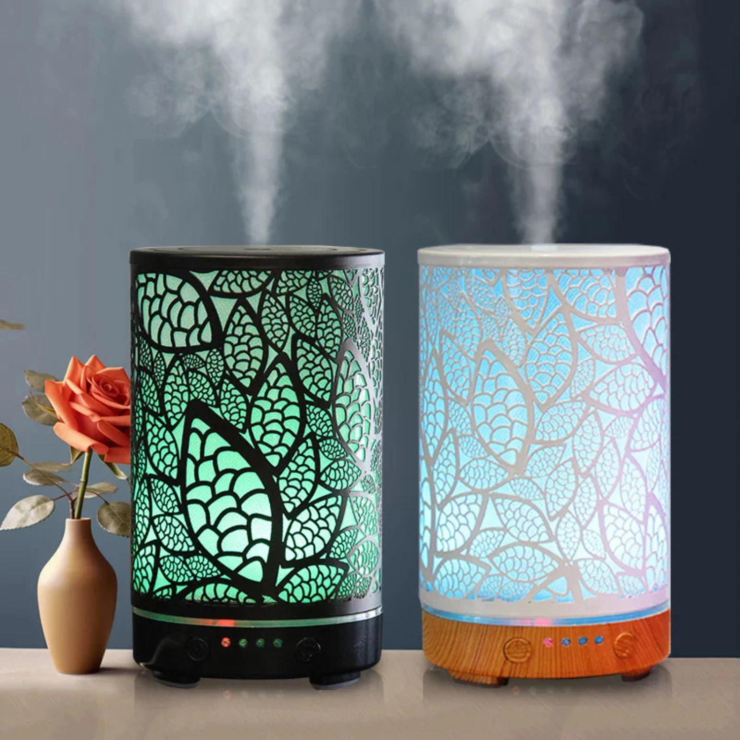 Humidificateur d'air de bureau à feuilles creuses en fer intelligent à ultrasons avec lampe à LED, appareil de décoration de pièce, nouveau