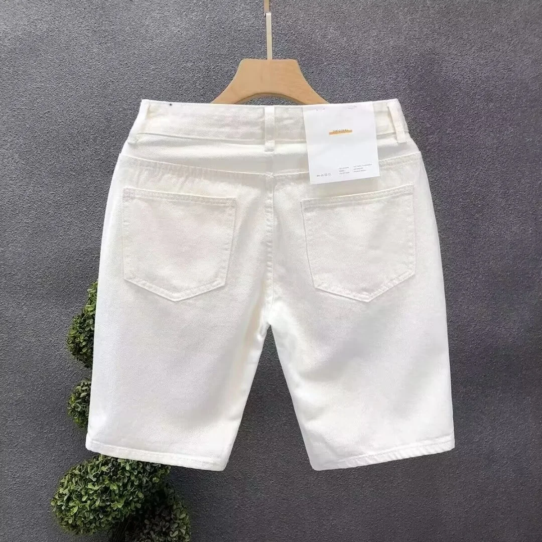 Summer Men Worn Hole Denim Shorts Fashion Brand Loose Straight White Short Pants