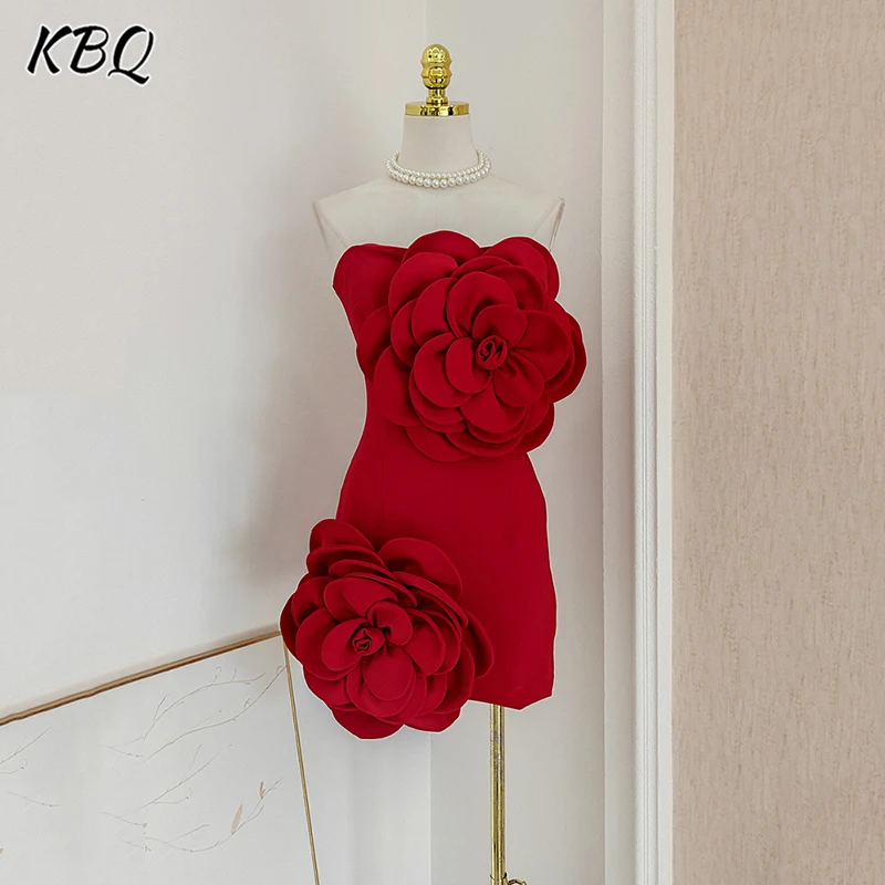 

KBQ Sexy Spliced Appliques A Line Mini Dresses For Women Strapless Sleeveless High Waist Bodycon Evening Dress Female Style New