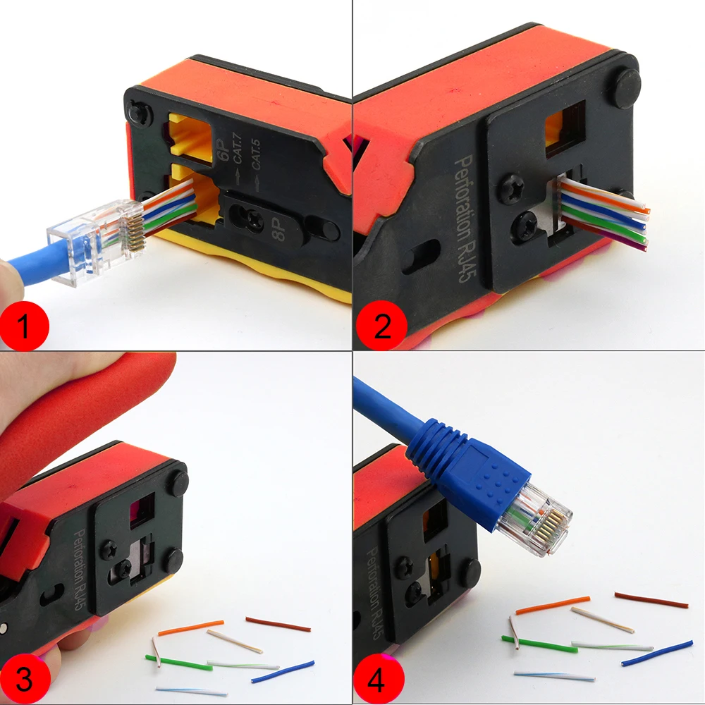 Imagem -06 - Cabo Ethernet Stripper Grupo Stp Cat6 Conectores Caps Alicate Rj45 Crimper Pass Through Cat5 Cat5e Cat7 Cat8 Ferramentas de Rede