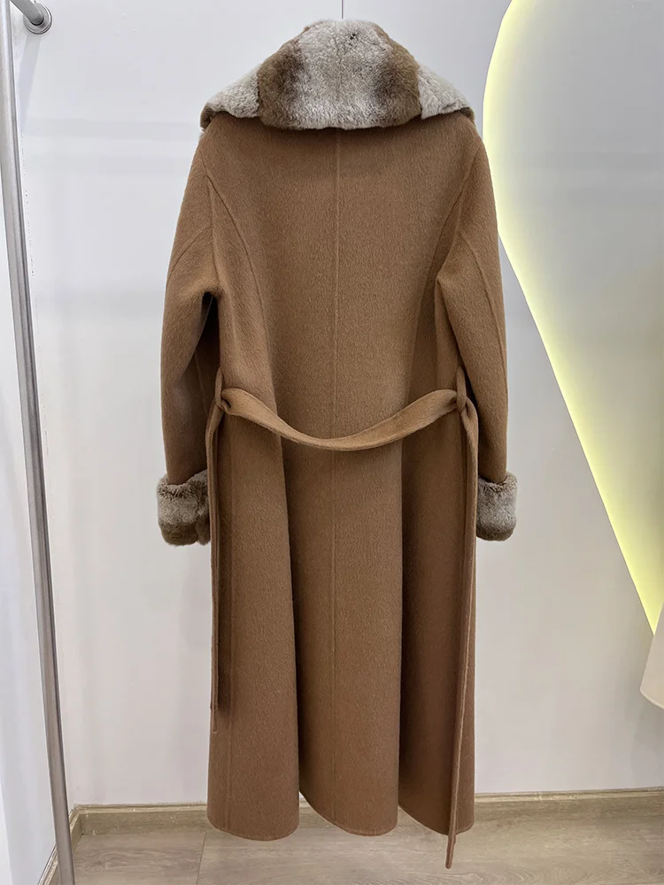 2025 New Winter Women Natural Rex Rabbit Fur Collar Wool Woolen Jacket Cashmere Long Casual Real Fur Coat