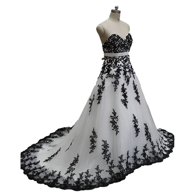 

White and Black A Line Wedding Dresses Strapless Sleeveless Applique Floor Length Bridal Gown Court Train Zipper Back