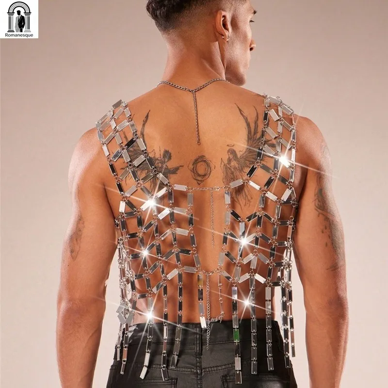 Men's Shiny Rhinestone Metal Chain Hollow Vest Sexy Mesh Body Top Night Party Bar Stage Outfit Festival Rave Men Clothing
