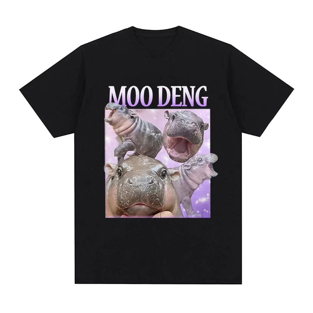 Moo Deng Cute Baby Hippo Funny Meme Graphic T-shirt Men Women High Quality Cotton T-shirt Fashion Oversized T Shirts Streetwear