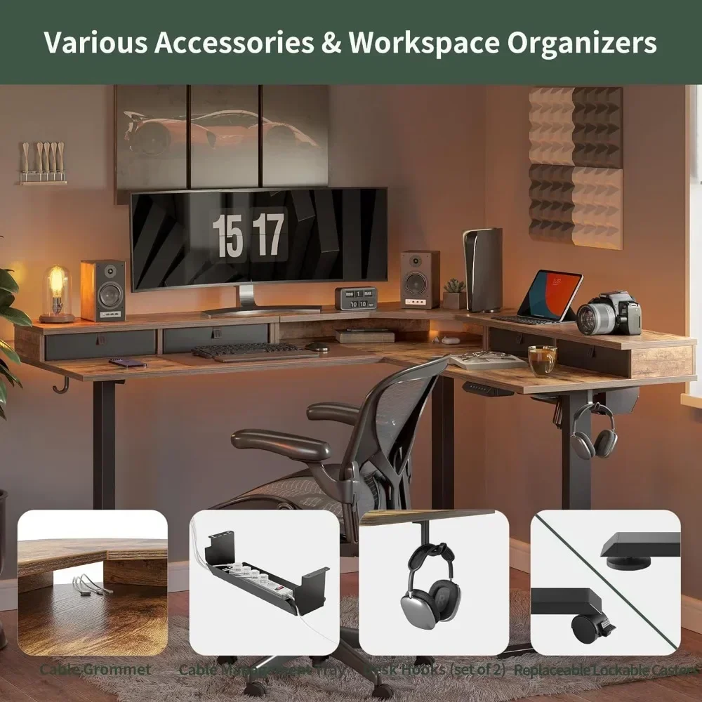 Computer Desk With 4 Drawers, Electric Standing Game Table, Adjustable Height, L-shaped Corner Office Desk, Computer Desk