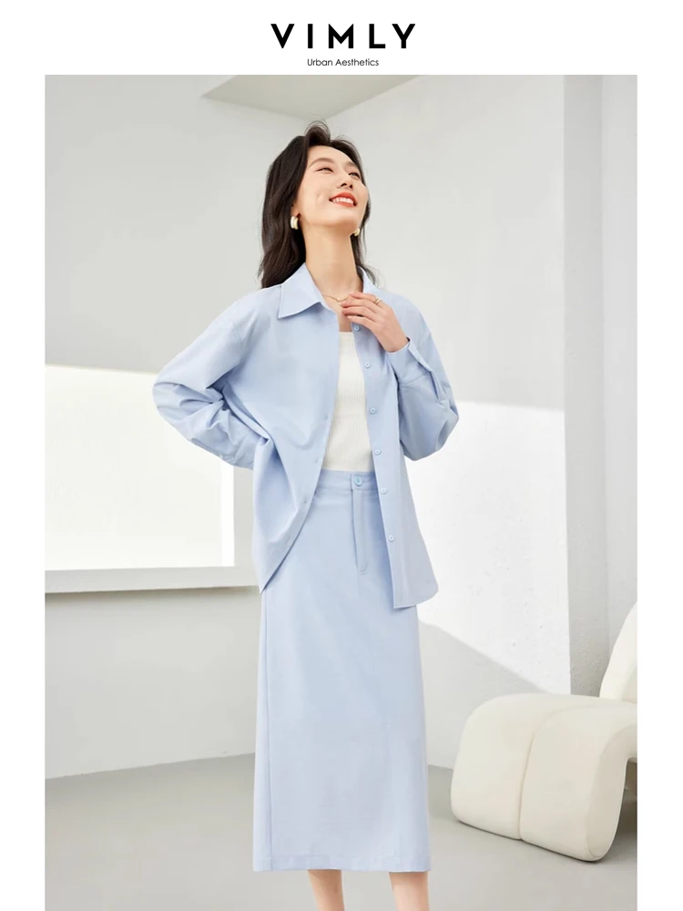 Vimly Women Spring Outfit 2 Piece Set 2024 Clothing New in Matching Sets Blue Straight Split Midi Skirts Button Down Shirt M5062