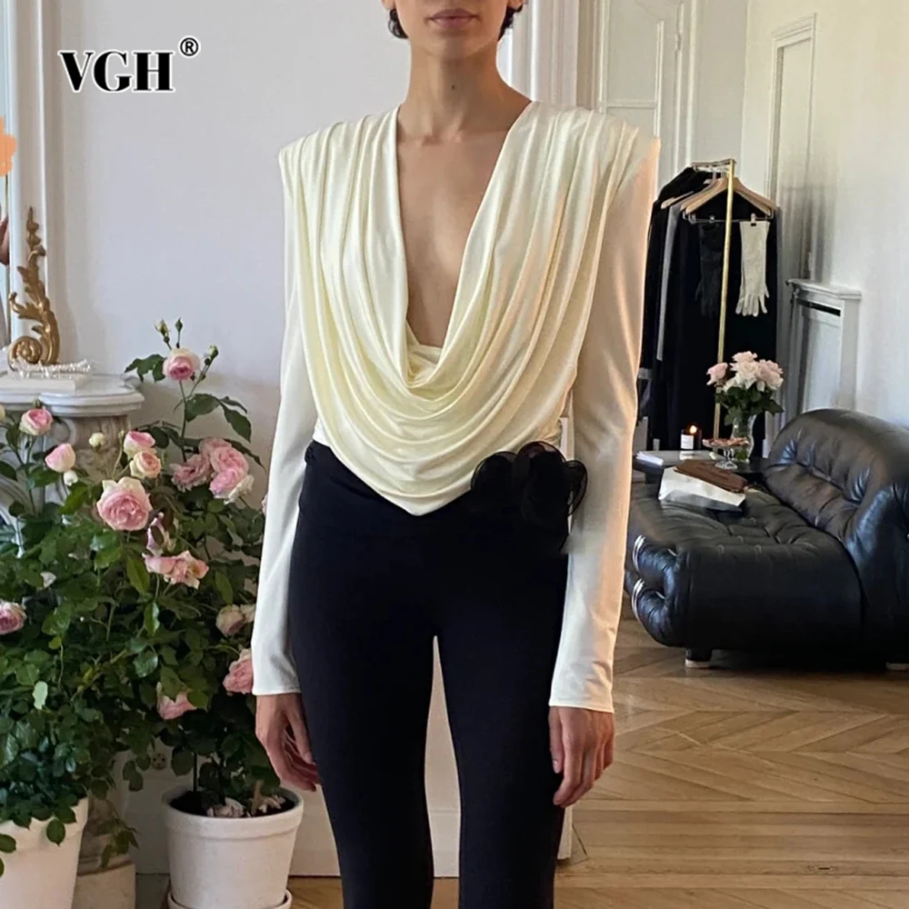 

VGH Casual Two Piece Sets For Women Swinging Collar Long Sleeve Spliced Folds Blouse High Waist Pencil Pants Slimming Set Female