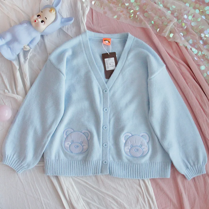 Japanese Preppy Style Spring Autumn Women Sweater Animal Knitted Outerwear Cute Kawaii Mori Girl Sweet Cardigan Cartoon Bear