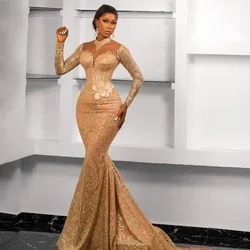 Elegant Lace Mermaid Evening Dresses Long Sleeves Slime Women Party Dress Custom Made Appliques Aso Ebi Wedding Dress Black Girl