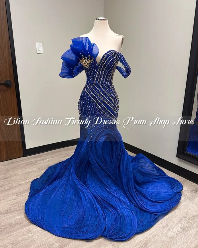 화려한 로얄 블루 인어 저녁 맞춤형 Strapless 상감 페르시 아프리카 여성 생일 파티 vestidos fiesta de lujo