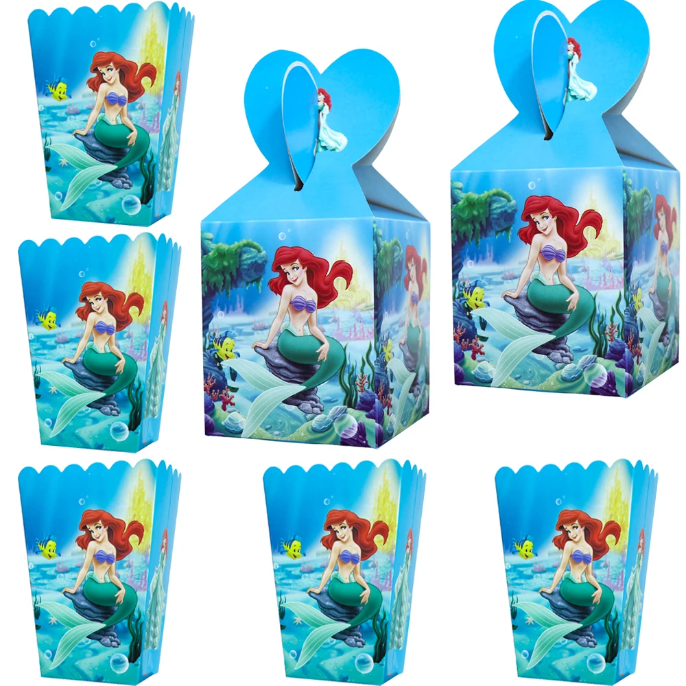 6/12/18/30pcs Little Mermaid Ariel Popcorn Boxes Mermaid Treat Boxes Snack Candy Cookie Holder Container Kids Birthday Party