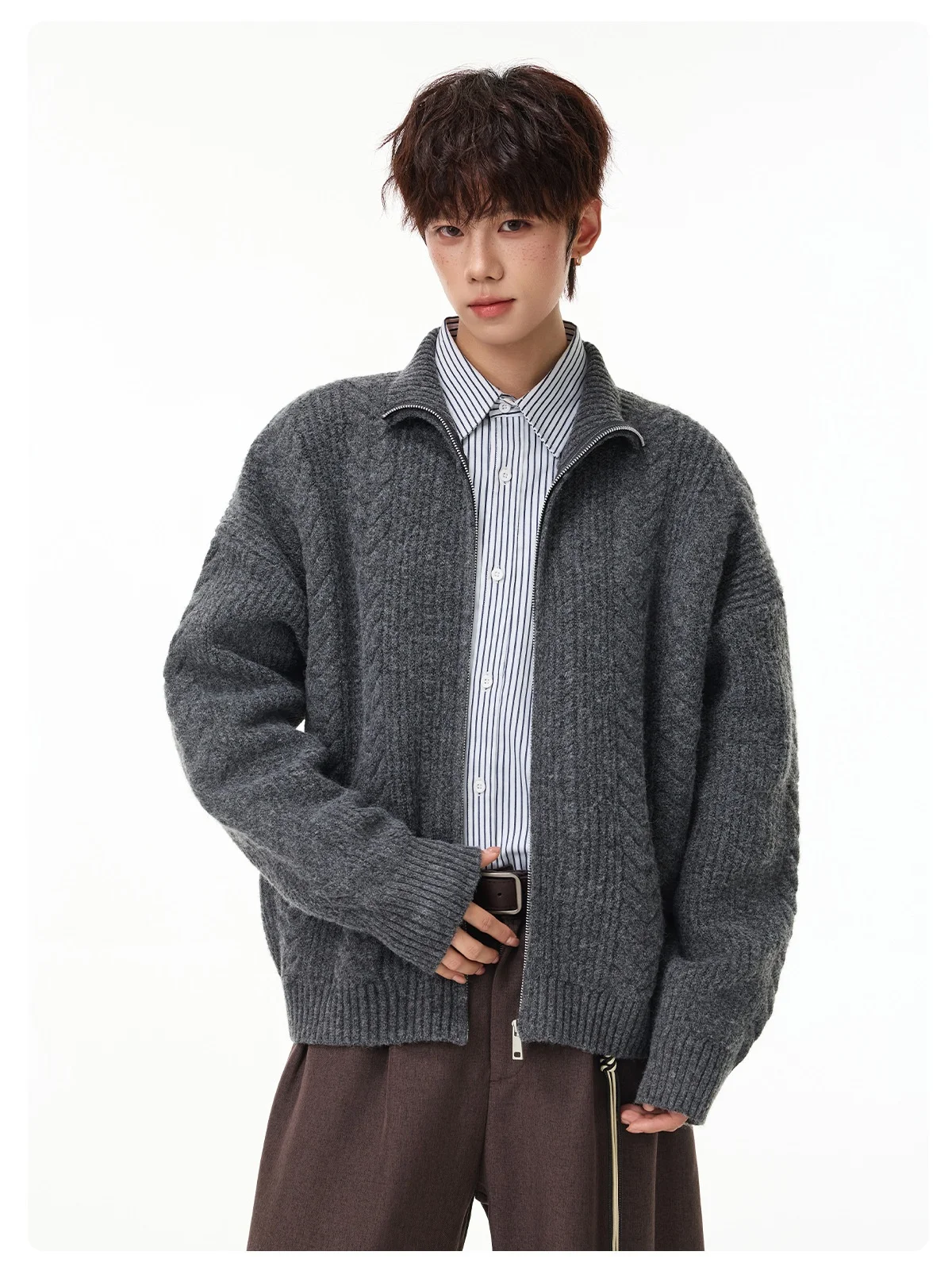 Vintage Knit Pattern Soft Loose-Fitting Zipper Sweater Men Autumn Winter Simple Versatile Warm Casual Stand-Up Collar Cardigan