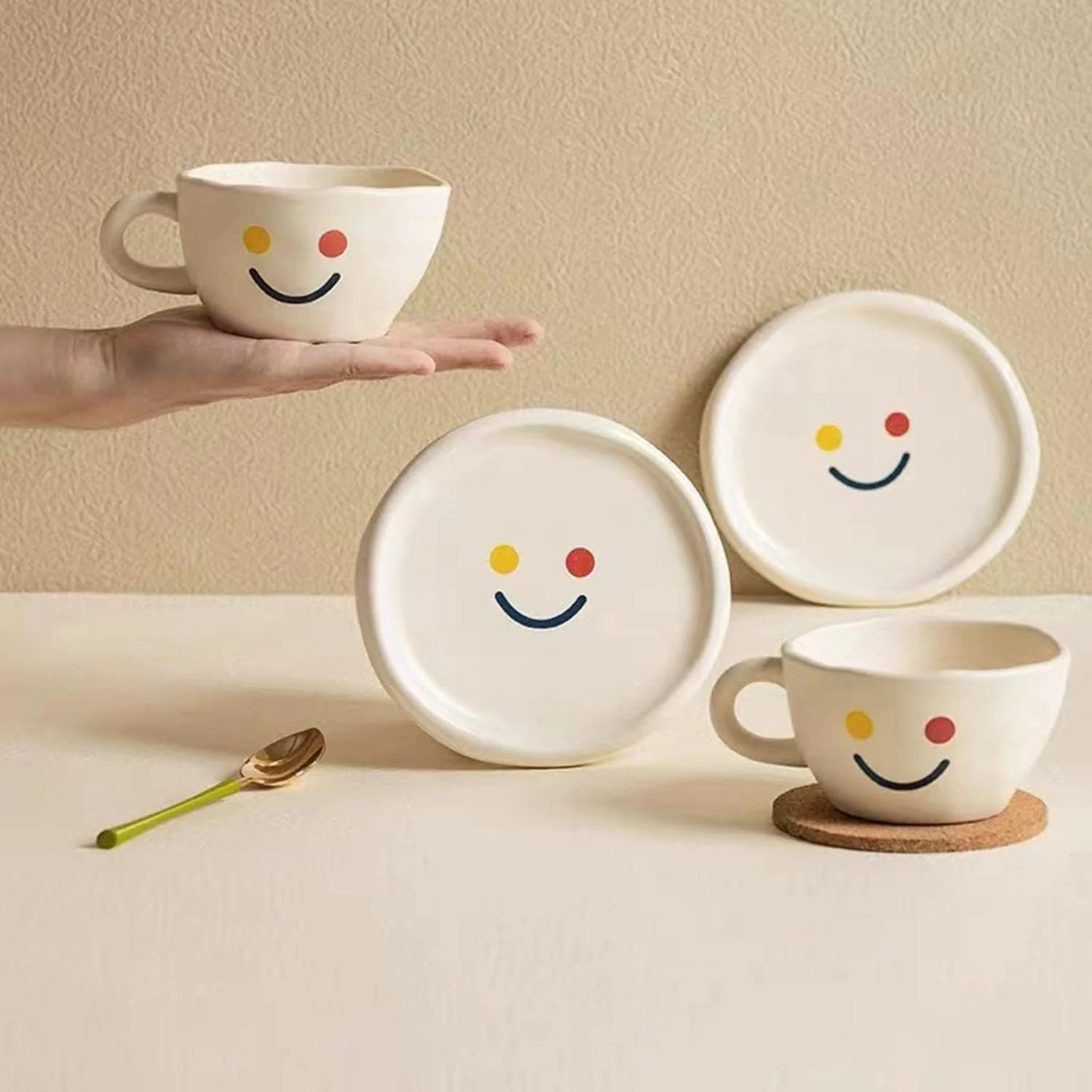 Smile Ceramic Coffee Cup and Saucer Set - 300ml, Tea Cups and Saucers for Afternoon Tea