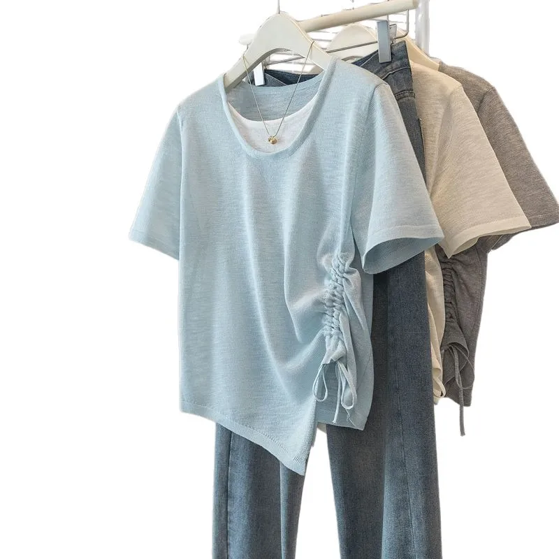 Plus-size summer women's new loose slimming faux two-piece irregular drawstring round neck short-sleeve t-shirt