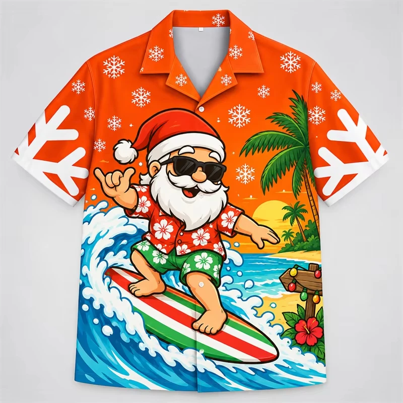 Hot Christmas Santa Claus Surfing 3D Costume Hawaiian Shirts For Men Fashion Button Up Shirt Blouse Xmas Party Beach Holiday Top