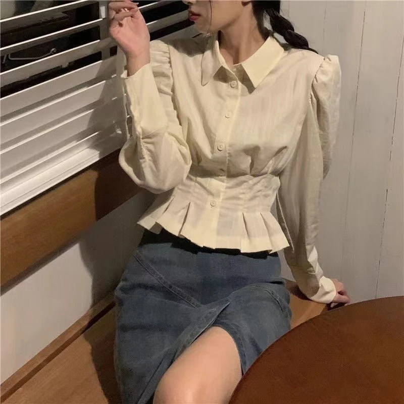 Y2K Folds Slim Women Shirts Korean Retro Elegant Chic Long Sleeve Female Blouse Autumn Preppy Style Ladies Casual Crop Tops