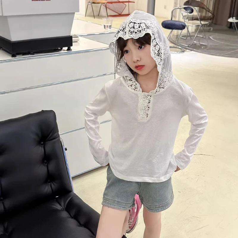 

2026 Spring/Summer New Children's Solid Color Cotton Soft Sticky Splicing Lace Hooded Thin T-shirt