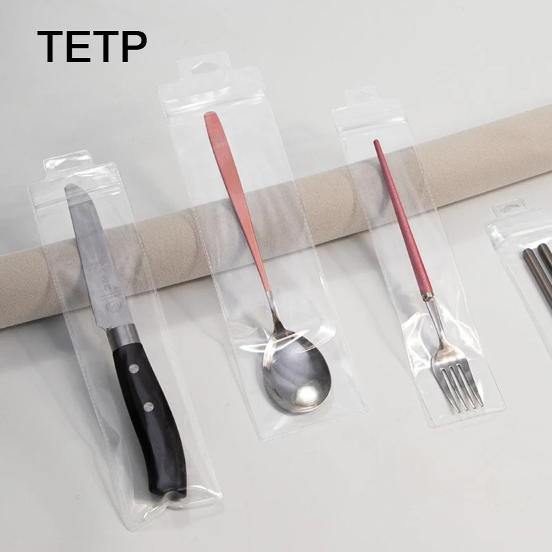 TETP 100pcs Transparent PVC Storage Bags for Spoons Kitchen Organizer Bag Set Home Chopsticks Ladle Fork Packaging Protable