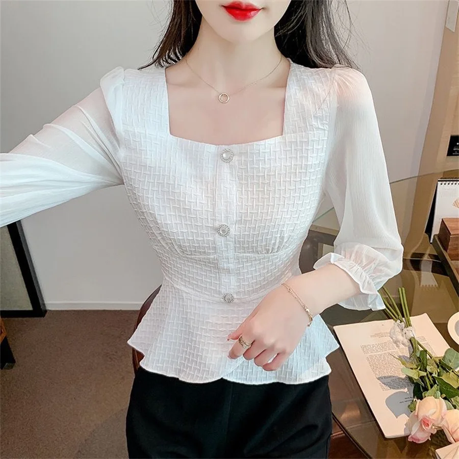 Woman Spring Autumn Style Blouses Shirts Lady Casual Three Quartz Sleeve Square Collar Blusas Tops DF4602