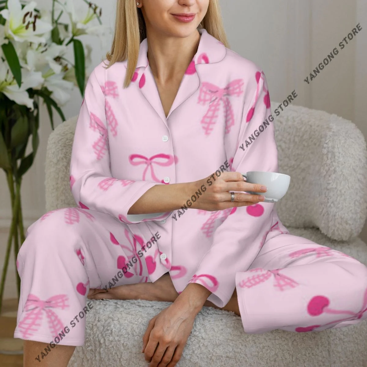 

Spring and Autumn Long Sleeve Pants Pajamas Loungewear Set Cute Bows And Berry Pattern Women's Pull Edge Loose Sleeping Suit