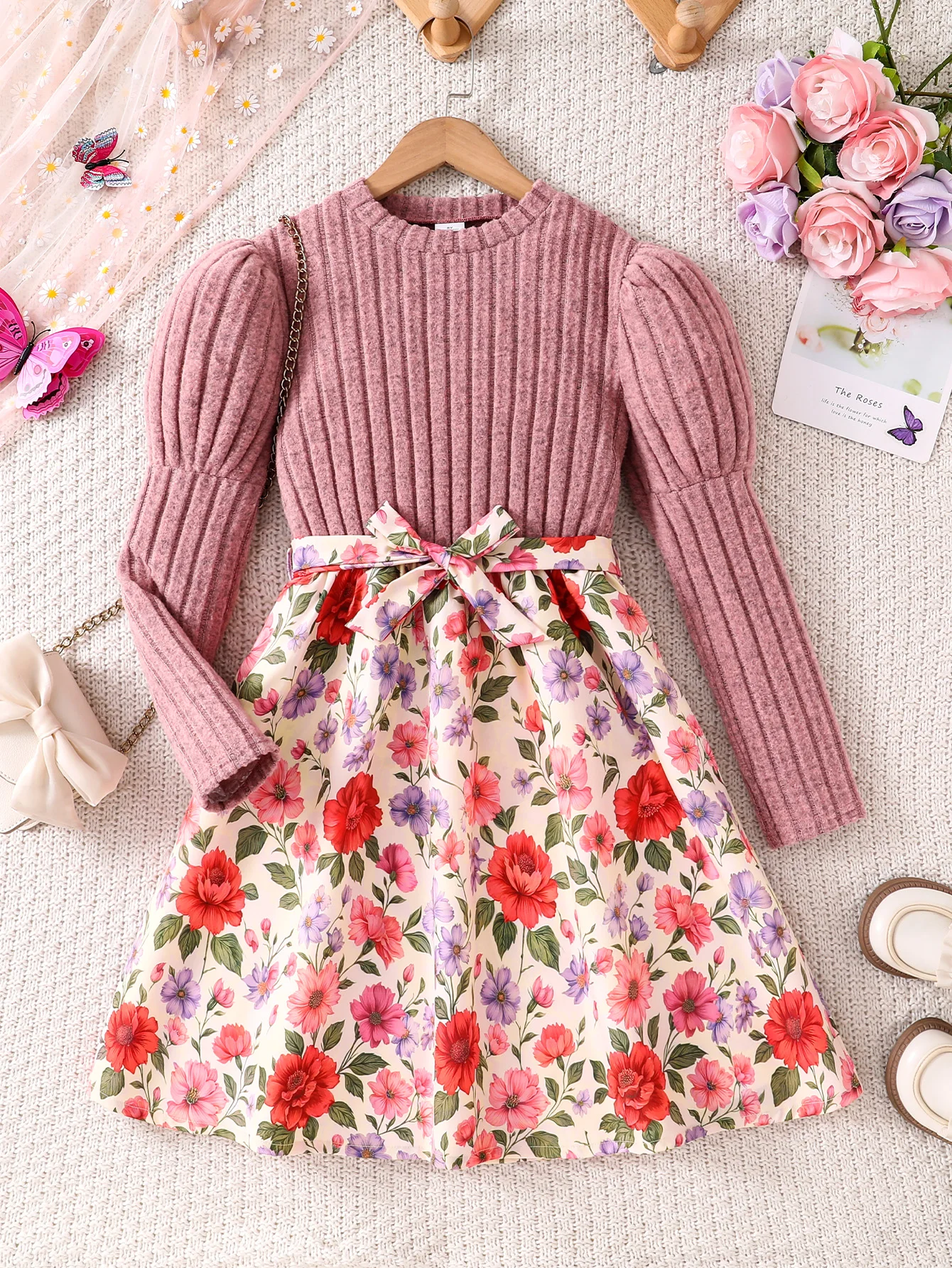 Girls' Fashionable Casual Long-Sleeve Floral Dress with Waist-Cinching Bow, Spring, Autumn, and Winter Styles. European and American Girls' Brushed Irregular Ribbed Puff-Sleeve Knit Dress. Teenage Girls' Elegant and Sweet Style Waist-Cinching Floral Print Princess Dress, Umbrella Dress, Girls' Patchwork Dress, Autumn Dress, Suitable for Ages 8-9-10-11-12, Suitable for Outdoor, Daily Wear, Casual Wear, Parties, Holiday Gifts, Parties