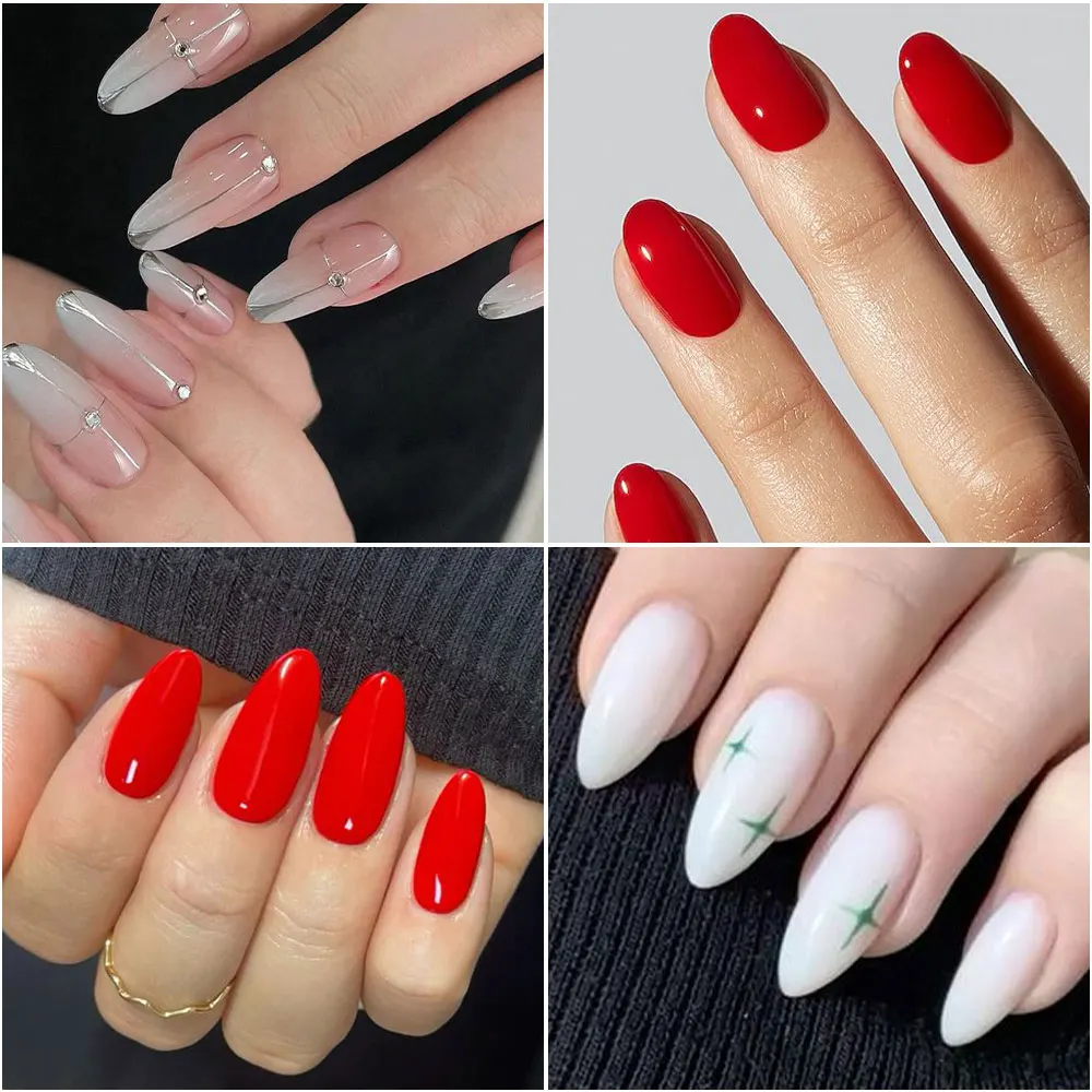 120Pcs/Bag Red Soft Gel Tips Press On Nails Medium Almond Handmade Full Fake Nails Reusable Artificial Round Oval False Nails
