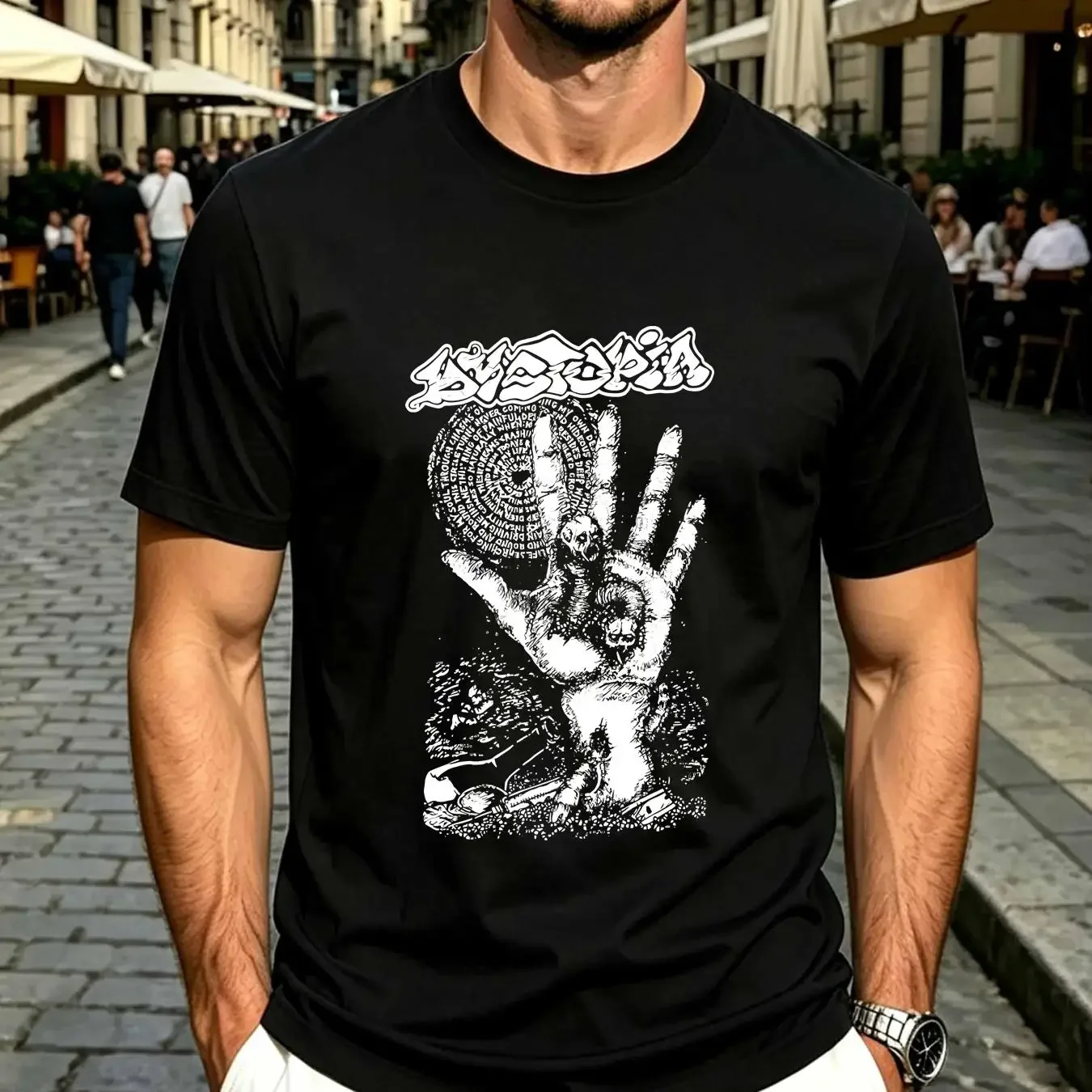 washed T Shirt art Dystopia band HOT Halloween printing new vintage Washed Breathable Versatile Stretched streetwear Stylish
