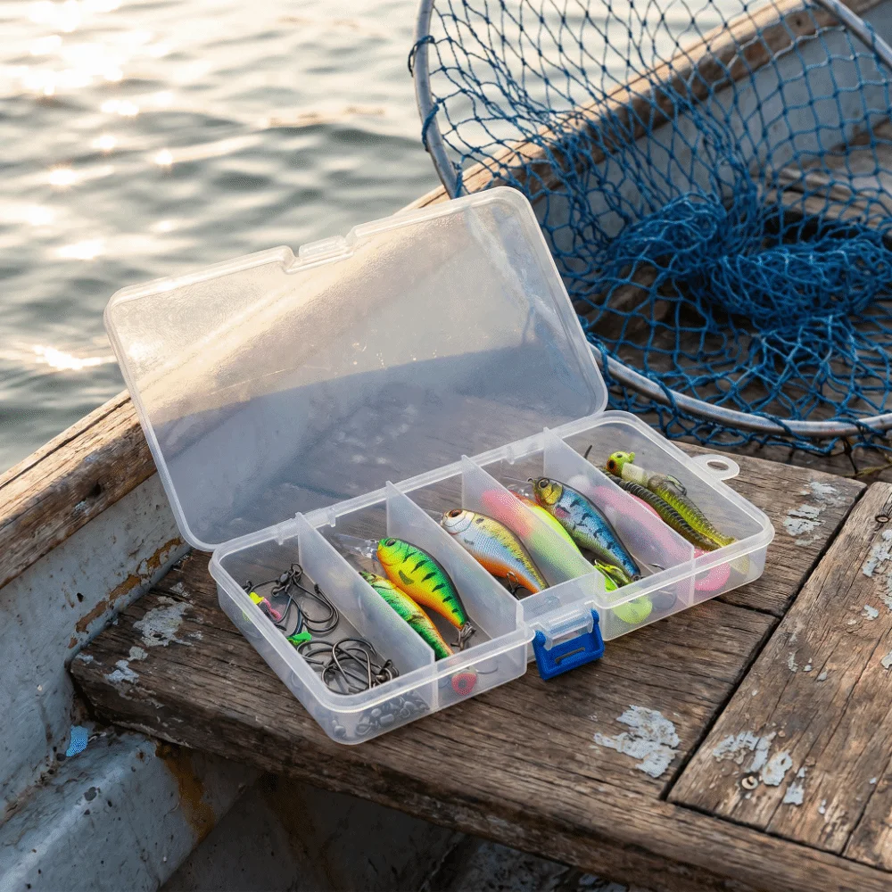 4PCS Clear Plastic Fishing Tackle Storage Box 5 Grid Compartments with Independent Latches Fishing Lure Box Lightweight